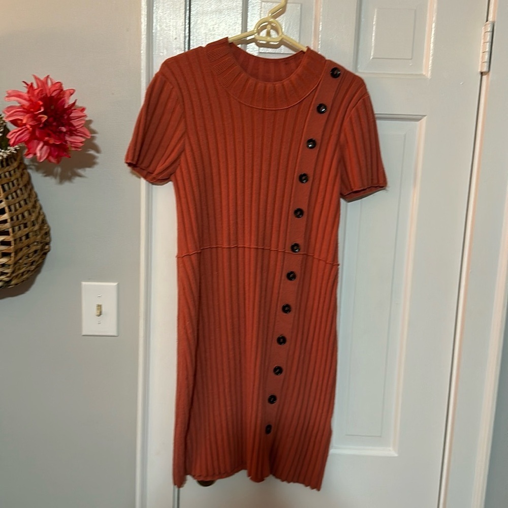 Free People Ribbed Button-Accent Dress in Rust